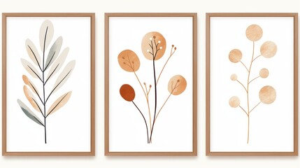 Set of vector abstract hand drawn watercolor floral compositions, leaves and branches. Scandinavian style. Generative AI
