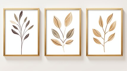 Set of three vertical art frames with hand drawn leaves. illustration. Generative AI