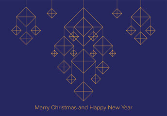 Merry Christmas and Happy New Year card with golden ornament of traditional Ukrainian Christmas decoration of a straw spider on a blue background