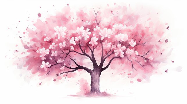 Beautiful cherry tree with pink flowers. Watercolor vector illustration. Generative AI