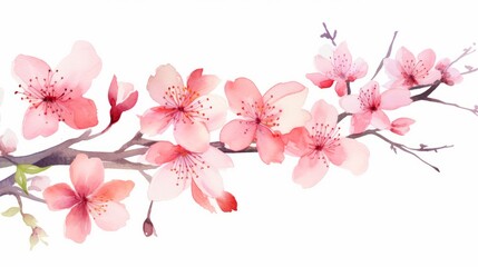 Watercolor cherry blossom branch isolated on white background. Hand painted illustration. Generative AI