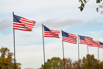 Four United States American Flags flying in front of a blue sky in a horizontal line patriotic...