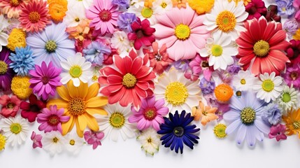 Colorful daisy flowers background. Top view. Flat lay. Generative AI