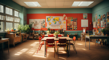 Elementary classroom - table chairs - wide shot 