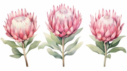 Set of protea flowers isolated on white background. Watercolor illustration. Generative AI