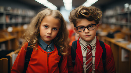 Cute kids posing for a school picture - year book picture - siblings - brother - sister - stylish clothing - holiday flair 
