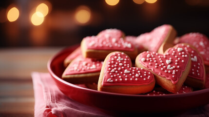 Red homemade heart-shaped cookies decorated with white icing for Valentine's Day on the table with festive background - Powered by Adobe