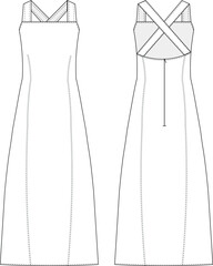 midi loose apron a line dress with straps template technical drawing flat sketch cad mockup wpman fashion design model style - obrazy, fototapety, plakaty