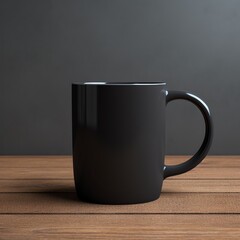 a black mug on a wooden surface