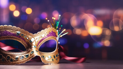 copy space, Gold, purple and green glittery mardi gras mask on shining bokeh city banner. Perfect for carnival, Mardi Gras, party, celebration, and theme-related concepts. Carnival background. - obrazy, fototapety, plakaty