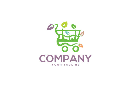 Creative logo design depicting a shopping cart made from green elements like leaves and vines.