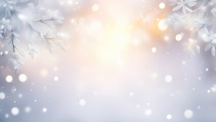 Fototapeta na wymiar Winter blurred background with snowflakes and snowy tree branch. Christmas,New Year holidays banner for design.Generative AI 