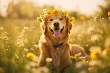 Smiling golden retriever adorned with a daisy chain in a field of wildflowers. Beauty of spring. Easter celebration. Design for springtime event poster, banner, or wallpaper - obrazy, fototapety, plakaty