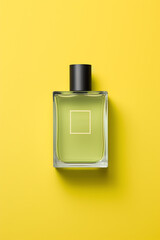 a bottle of perfume on a yellow background