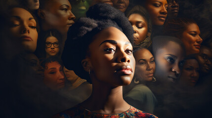 Black woman on background, collage of diverse faces from the community - obrazy, fototapety, plakaty