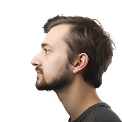 Obraz premium The side profile of a serious-looking man, approximately 35 years old, with a mustache. He is facing forward with a steady gaze. isolated on transparent background.