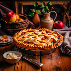 Apple pie on a wooden table with a basket of red apples and other kitchen utensils. The pie is in a round ceramic dish with a lattice crust and red apple filling.