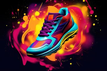 Created desigh Banner concept fashion footwear Sport background dark sneakers colorful bright Creative sneaker shoe abstract graphic art design background expression gital poster drawing