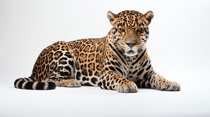 a leopard lying down on a white background