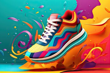 Created design Banner concept fashion footwear Sport background abstract sneakers colorful bright Creative sneaker shoe graphic art design background expression gital poster drawing technology