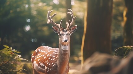 Closeup single sika female deer (Cervus nippon), Japanese deer looking at camera, wild life animals - obrazy, fototapety, plakaty
