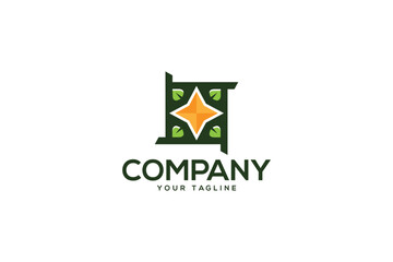 Creative logo design depicting a green symbol with a star in the center and green leaves on its corners. 
