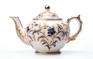 a teapot with a gold and blue design
