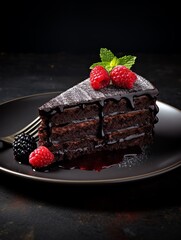 a piece of chocolate cake with berries on top