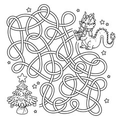 Outline maze educational game for children. Labyrinth puzzle. Help Dragon of Chinese New Year 2024 find way to Christmas tree. Winter holiday activity book for preschool and school kids. Vector design