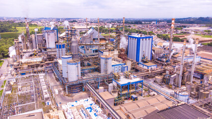 Aerial view of the Suzano pulp and paper industry, photo made in Suzano, SP, Brazil in 12 dec 2023 - obrazy, fototapety, plakaty