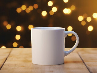 Warm Winter Vibes 11 oz White Mug Mockup with Soft Bokeh Lights