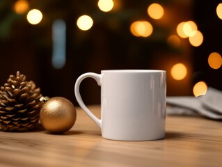 Holiday Spirit 11 oz White Mug Mockup with Festive Ornaments