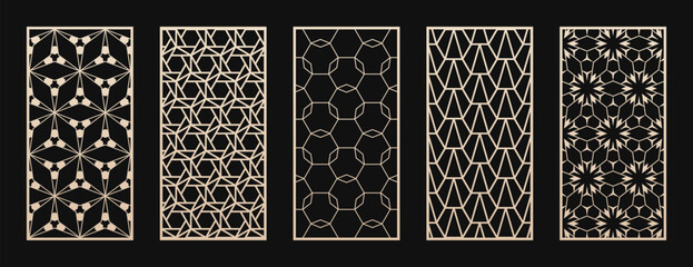 Vector panels for laser cut, CNC cutting. Cutout silhouette with abstract geometric pattern, grid, lattice, hexagon. Modern decorative stencil for wood, metal. Aspect ratio 1:2. Minimalist geo design - obrazy, fototapety, plakaty