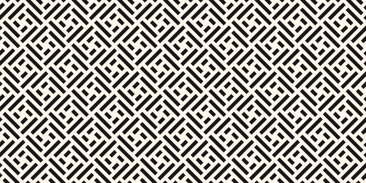 Vector abstract geometric seamless pattern. Stylish ornament with lines, squares, diagonal grid, repeat tiles. Simple black and white texture. Modern geometrical background. Repeated trendy design
