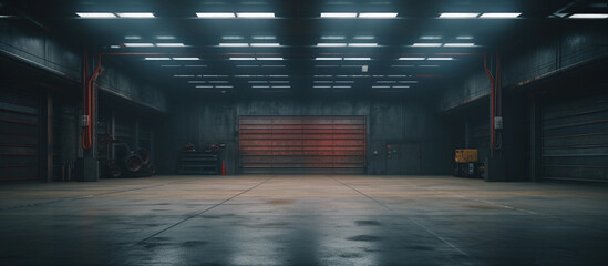 Empty underground parking or warehouse interior with concrete floor and spotlights. Generative AI - obrazy, fototapety, plakaty