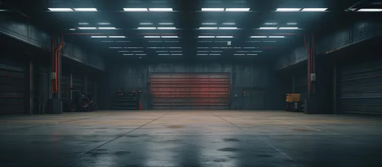 Fotobehang Empty underground parking or warehouse interior with concrete floor and spotlights. Generative AI © katerina_dav