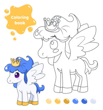 Coloring book for kids. Worksheet for drawing with cartoon pony with crown. Cute animal with wings. Coloring page with color palette for children. Vector illustration. 