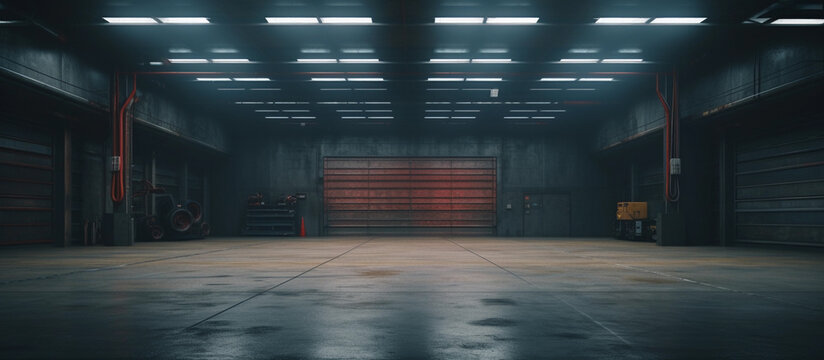 Empty underground parking or warehouse interior with concrete floor and spotlights. Generative AI