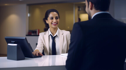 Portrait of smiling female receptionist at reception desk in hotel. Generative AI