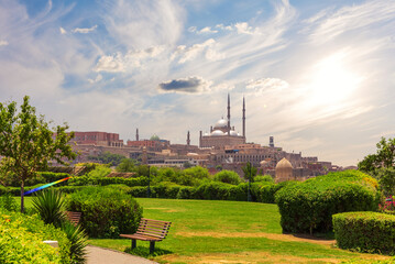 The Muhammad Ali Mosque or Alabaster Mosque on the hill by the main park of Cairo, Egypt