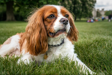King Charles Cavalier Dog laying in the grass looking away