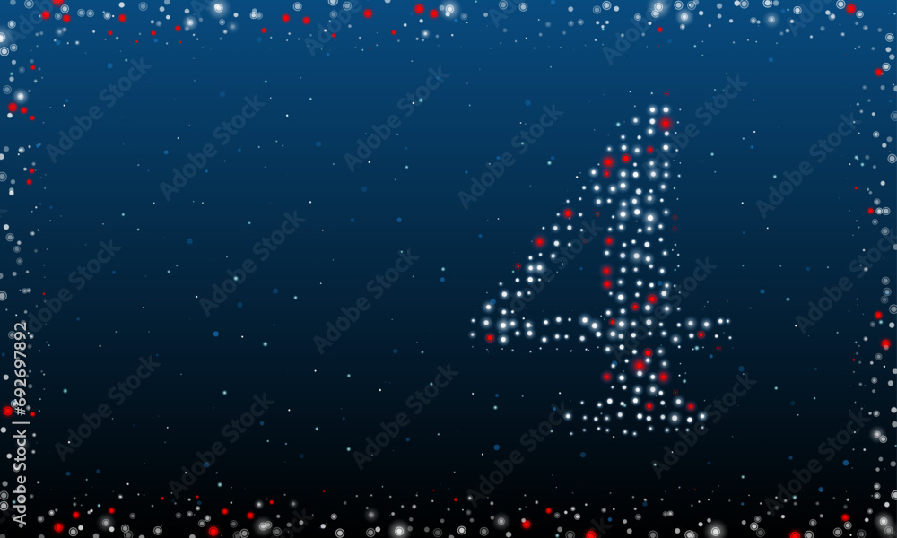 Poster on the right is the number four symbol filled with white dots. pointillism style. abstract futuristi