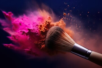 concept cosmetics makeup dust colorful burst emits th brush soft Big makeup cosmetic beauty colourful powder bristle blending application artist fashion glamour style closeup detail industry - obrazy, fototapety, plakaty
