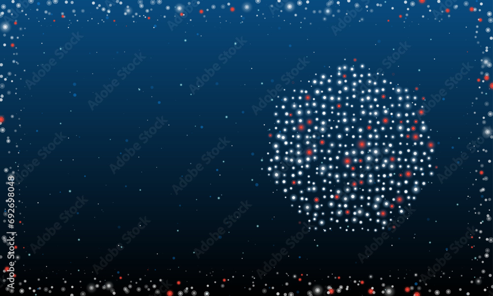 Aufkleber on the right is the heptagon symbol filled with white dots. pointillism style. abstract futuristic f