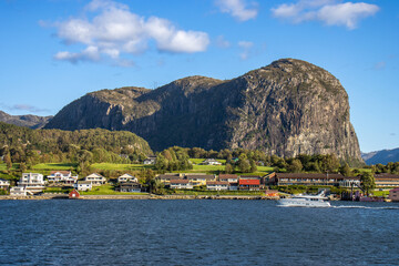 Lysefjord or fjord of light. Spectacular landscape from the deck of a ship, in certain places it is...