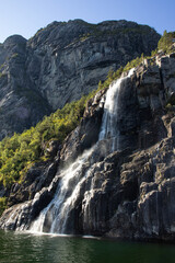 Hengjane waterfall in the Fjord of Light or Lysefjord, Stavanger, Norway