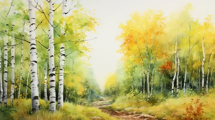 Poster Watercolor autumn landscape with birch forest. Watercolor painting. Generative AI © Alex
