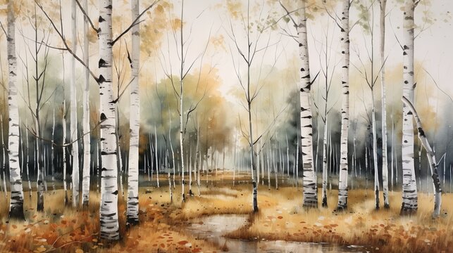 Autumn birch grove. Watercolor painting on canvas. Generative AI © Alex