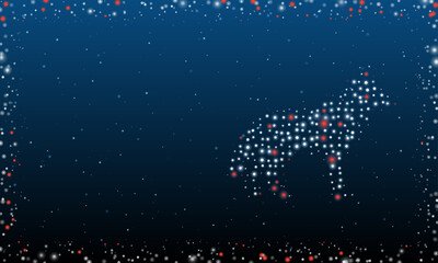 Fototapeta na wymiar On the right is the wolf symbol filled with white dots. Pointillism style. Abstract futuristic frame of dots and circles. Some dots is red. Vector illustration on blue background with stars