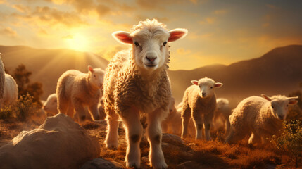 sheep cross, Flock sheep, sunset background - obrazy, fototapety, plakaty